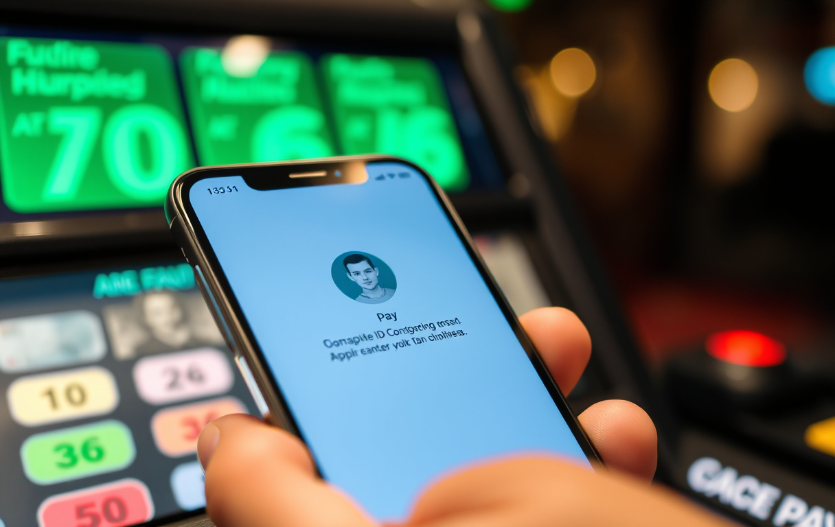 iPhone med Apple Pay-bekreftelse på et casino – Face ID i bruk.