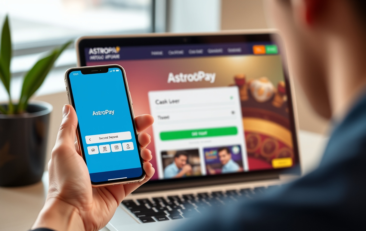Person med mobiltelefon som viser AstroPay-appen ved siden av en laptop med casinoinnskudd