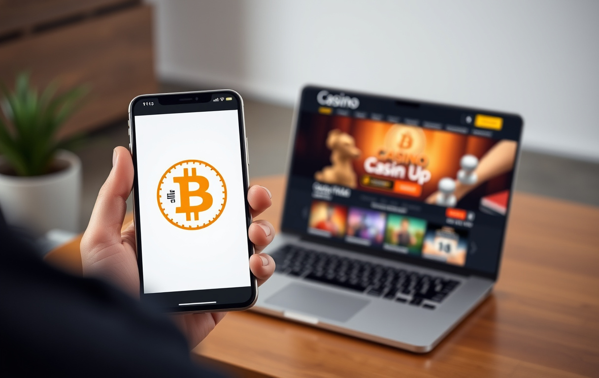 Mobiltelefon med Bitcoin QR-kode foran en laptop med casinoets kasse