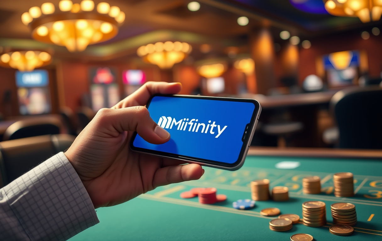 Hånd som holder smarttelefon med MiFinity-appen, casino-bakgrunn med mynter og sjetonger