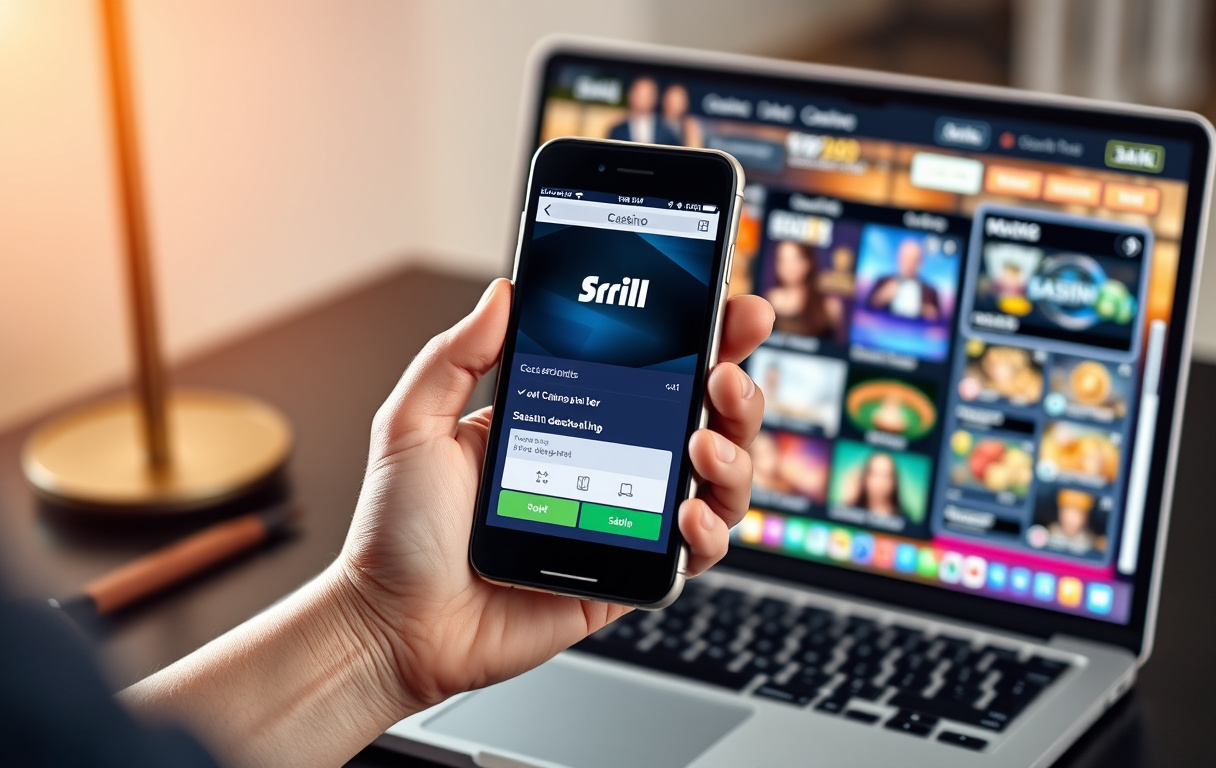 Person som bruker Skrill-appen for å sette inn penger på et online casino.