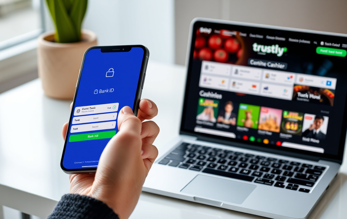 Person logger inn med BankID på mobilen for å betale med Trustly på et nettcasino