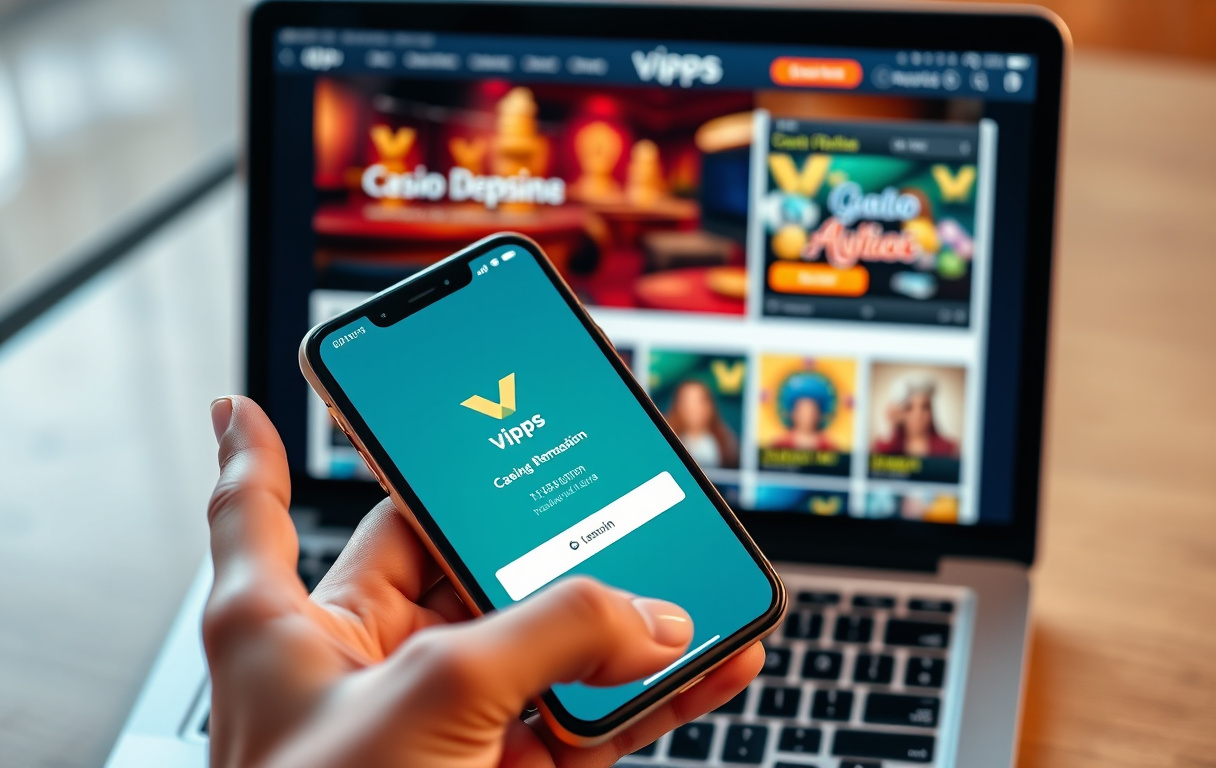 Person som bruker Vipps på mobil for å sette inn penger på et nettcasino