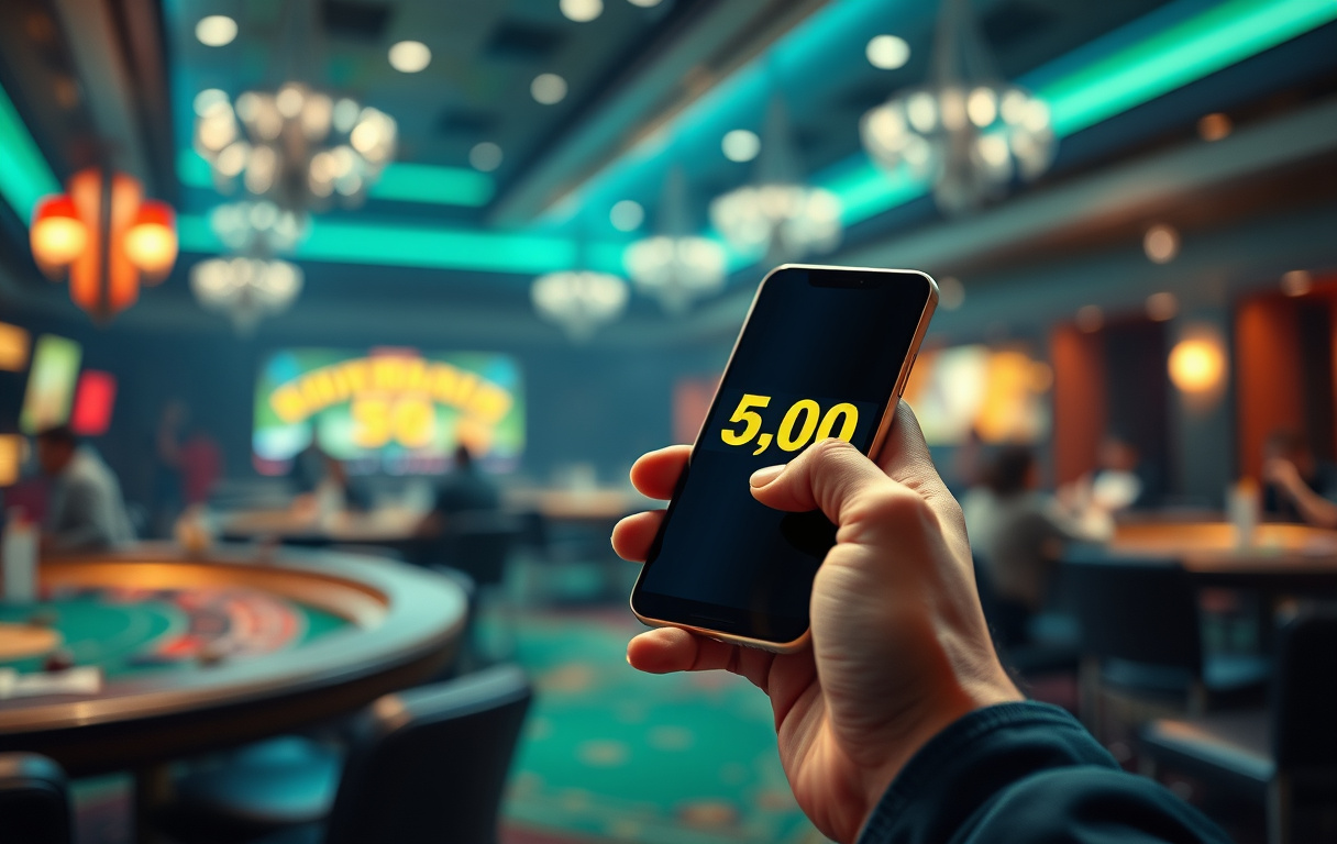 Mobilskjerm som viser en cashback-bonus på 500 norske kroner, med en hånd som holder mobilen, i et dempet casino-miljø.