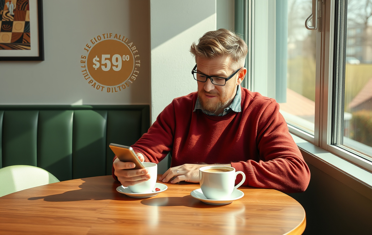 En person med mobiltelefon som viser gratisspinn uten innskudd på skjermen, med kaffekopp og notatblokk.