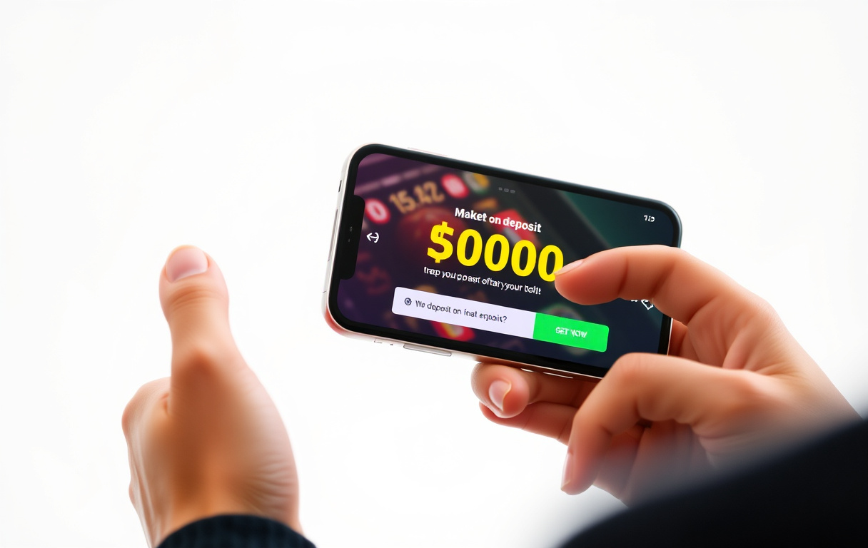 Person som setter inn penger på et nettcasino via mobiltelefon, med bonusmelding på skjermen