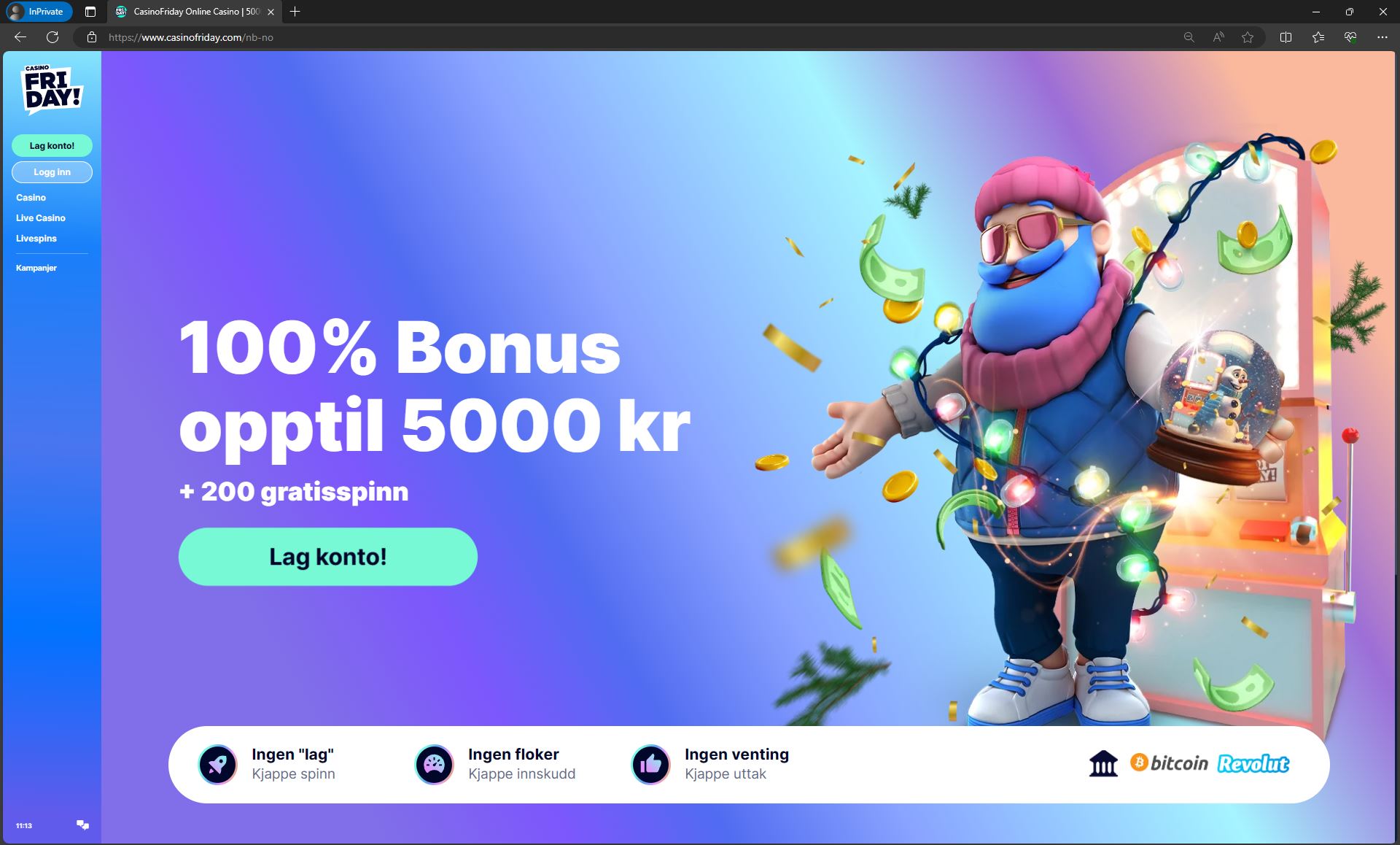 CasinoFriday omtale – skjermbilde fra nettsiden