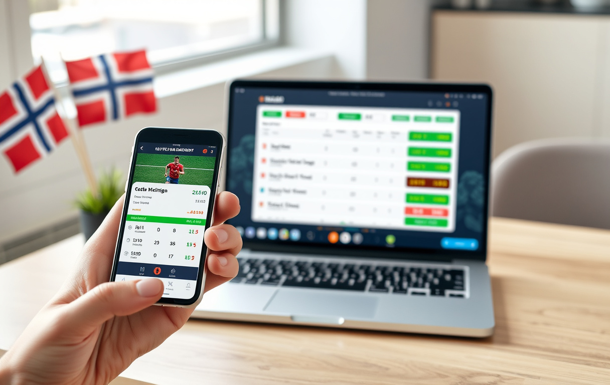 Person som sammenligner odds på mobil og pc for bettingsider.