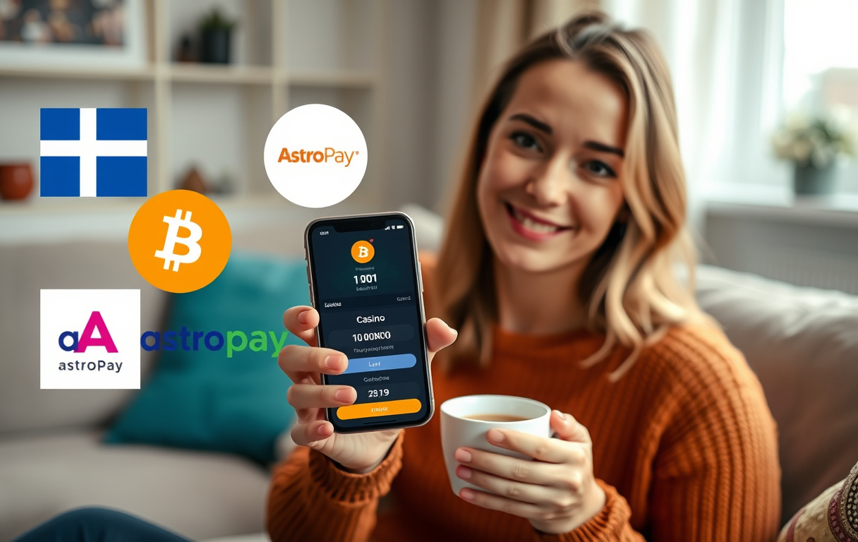 Norsk spiller med mobiltelefon som viser casino med lavt innskudd på 10 kroner, med Bitcoin og AstroPay logoer i bakgrunnen.