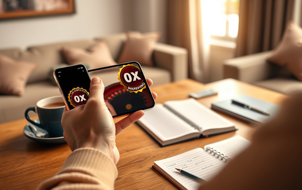 Person med mobiltelefon som viser casino-app med 0x omsetningskrav, notatbok og kaffekopp på bordet.