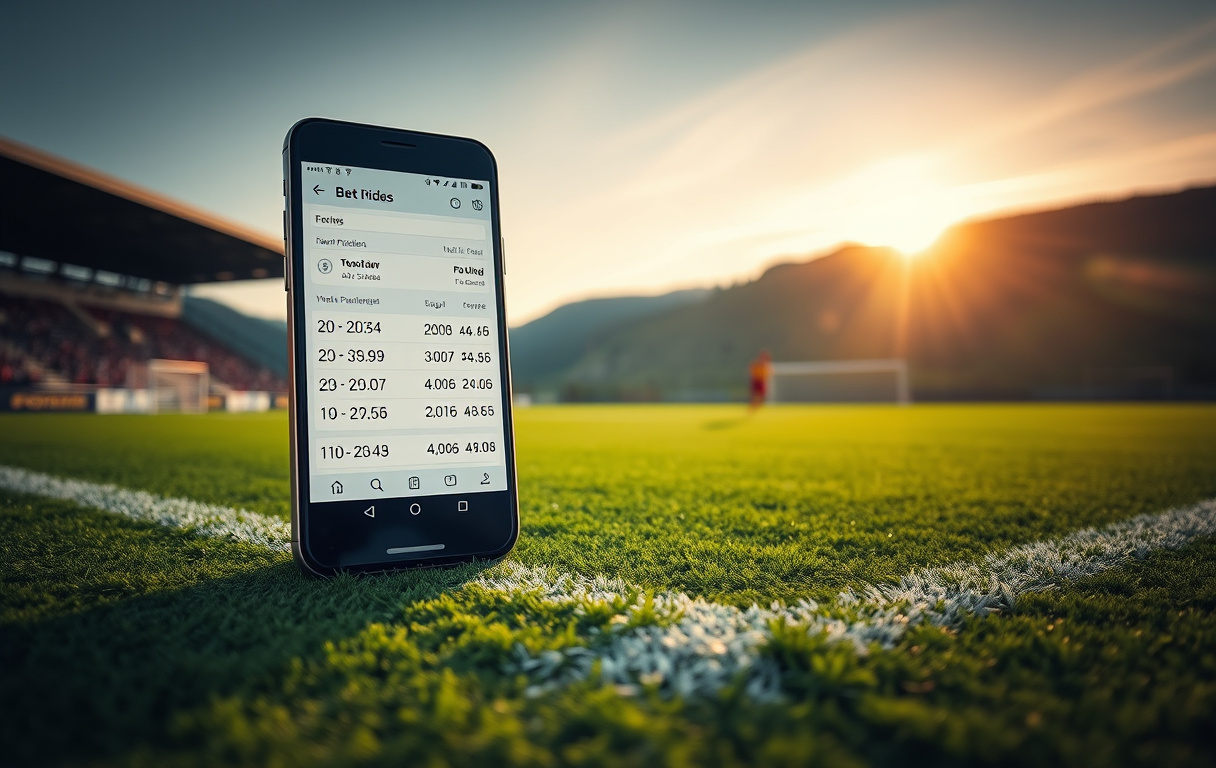 Mobiltelefon med fotballodds på skjermen, fotballbane i bakgrunnen.