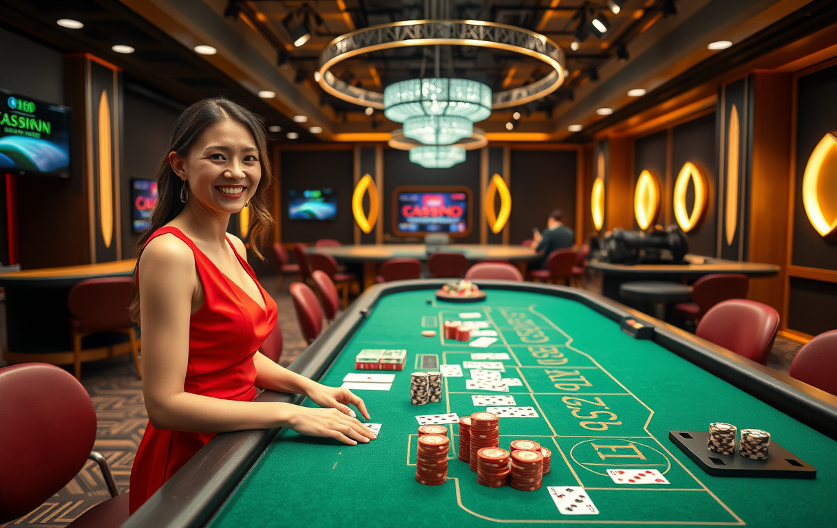 Live casino studio med kvinnelig dealer og grønt bord