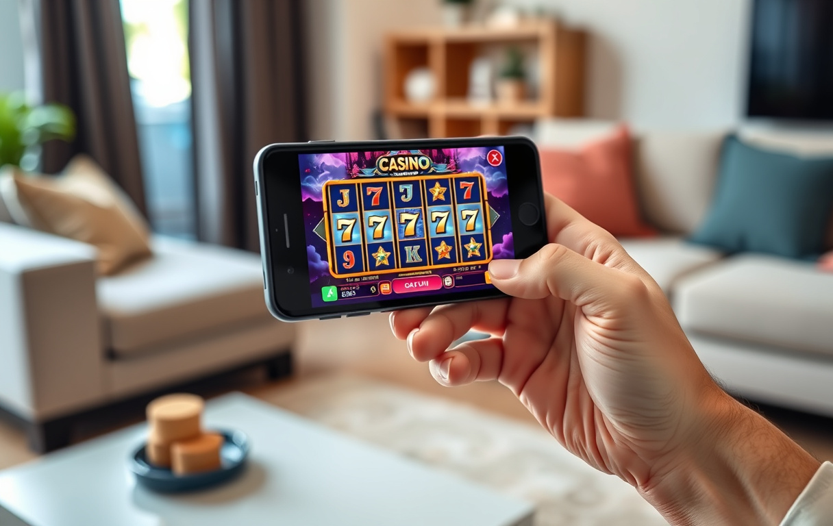 Person som spiller på mobilcasino i stuen