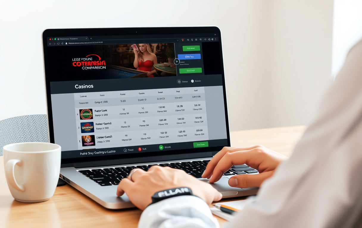 Person som sammenligner nettcasino på laptop med lisenslogoer og notatblokk