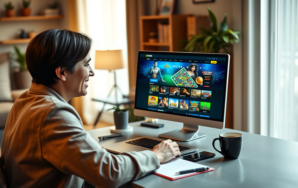 En person som sammenligner casinoer på en bærbar PC med en kopp kaffe og mobiltelefon på skrivebordet