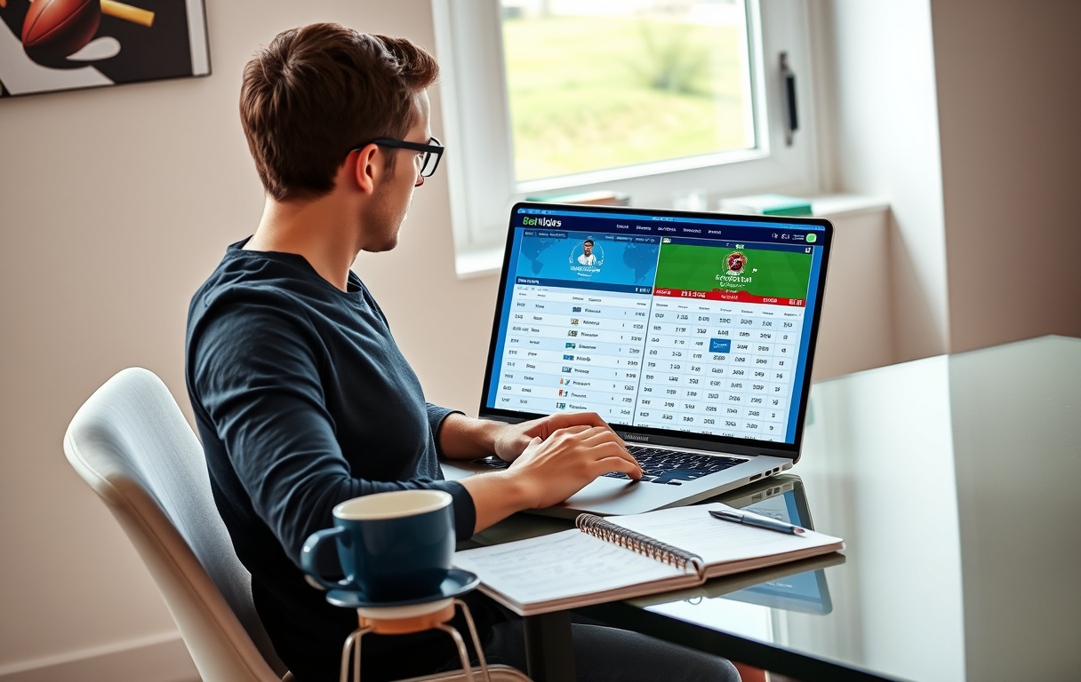 Person som sammenligner odds på to bettingsider på en bærbar PC