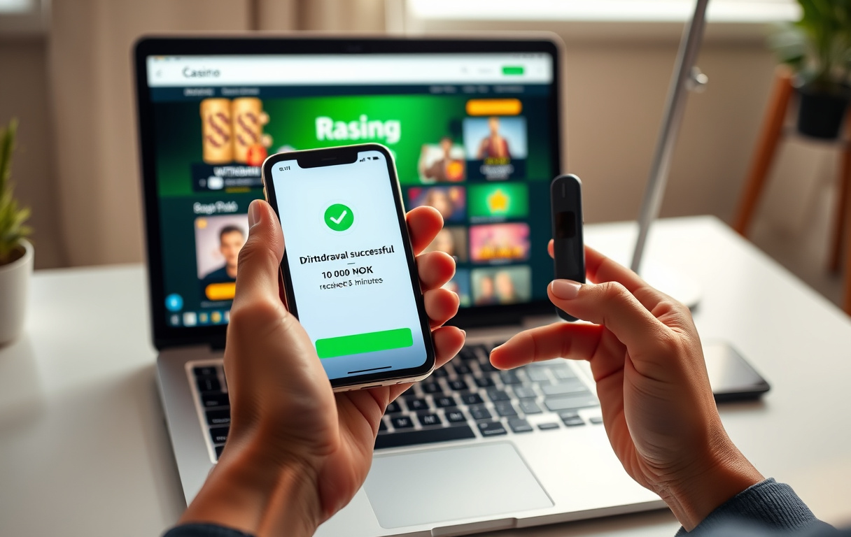 Person med mobil som viser bekreftelse på raskt uttak på 10 000 kroner, med casino på skjermen i bakgrunnen.