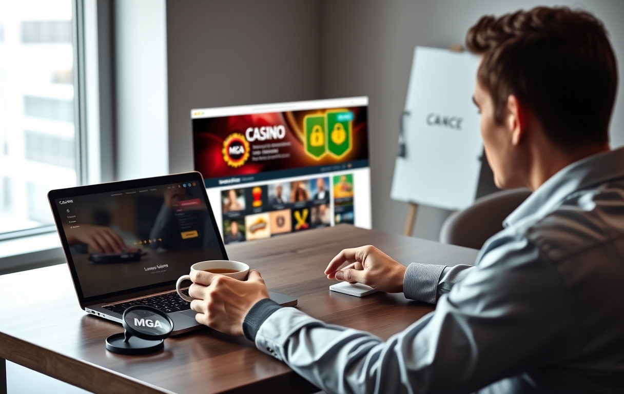 En person sitter ved et skrivebord og sjekker et casino på en bærbar PC, med forstørrelsesglass og kaffekopp på bordet.