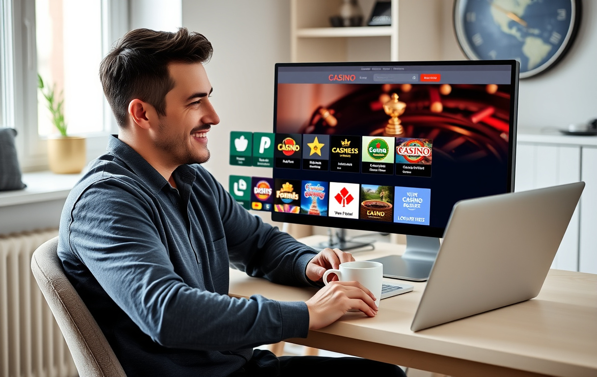 En person sitter ved et skrivebord med en kopp kaffe og ser på en laptop med en casino-sammenligningsside på skjermen.