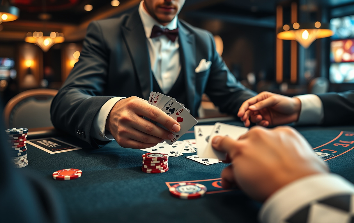 Live blackjack-bord med dealer og spillerkort, chips på bordet
