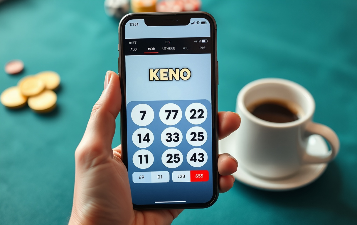 Mobiltelefon med Keno-spill der tallene 7, 14, 22, 33, 45 er markert, og en kaffekopp i bakgrunnen.