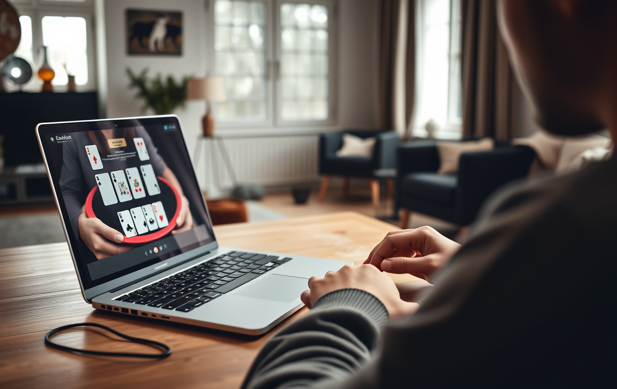 En person spiller poker på nett på en bærbar datamaskin i en stue.